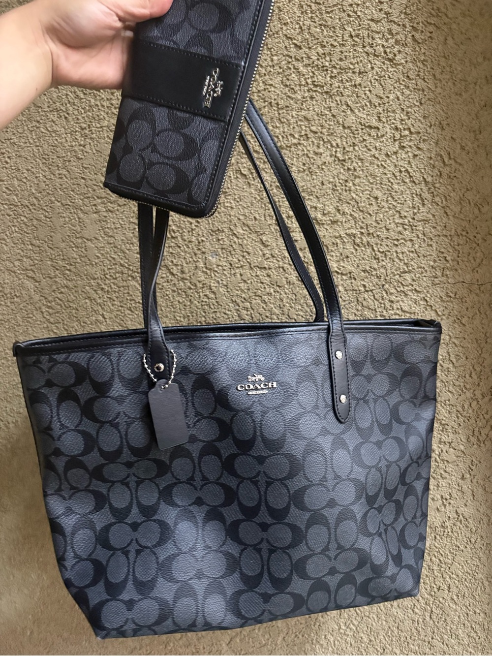 Coach Black Signature Tote with Matching Wristlet Set
